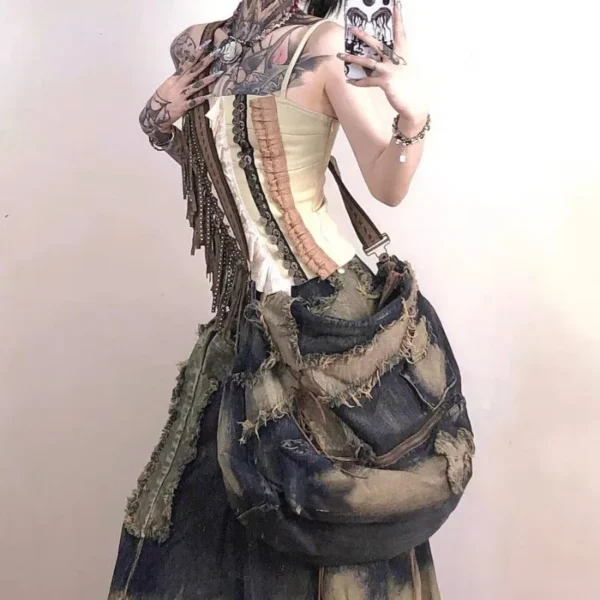 MBTI Denim Y2k Womens Shoulder Bag Vintage Washed Distressed Fashion Messenger Bag Men Large Capacity American Style Handbag Sac - Image 3