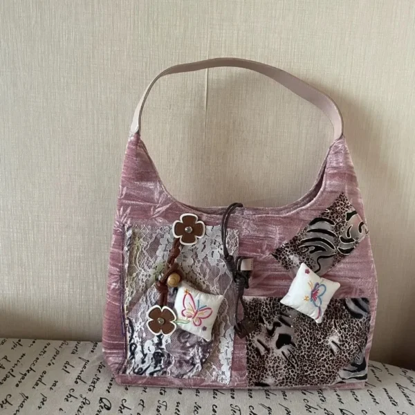 MBTI Y2k Vintage Tote Bag Aesthetic Patchwork Fashion Chinese Style Leopard Print Shoulder Bag Original Designer Ladies Handbag - Image 2