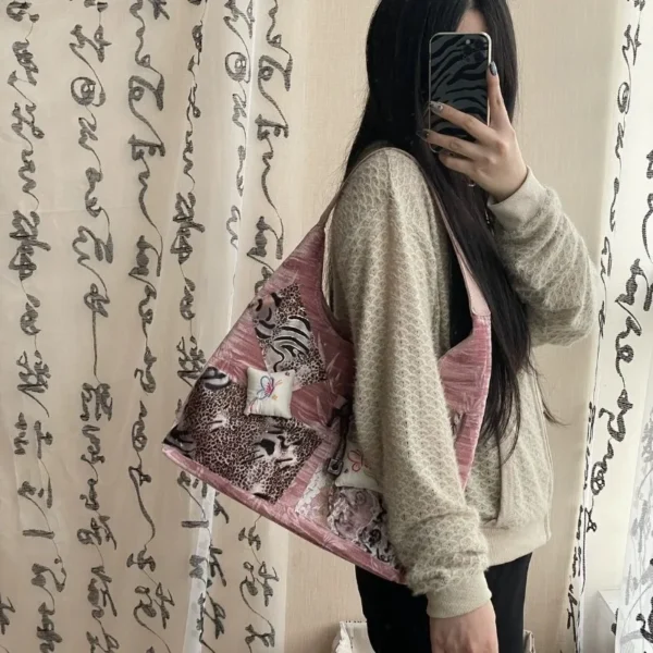 MBTI Y2k Vintage Tote Bag Aesthetic Patchwork Fashion Chinese Style Leopard Print Shoulder Bag Original Designer Ladies Handbag - Image 4
