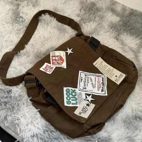 MBTI Vintage Y2k Messenger Bag for Women Canvas Star Patch Students School Crossbody Bags American Fashion Retro Female Handbags - Image 4