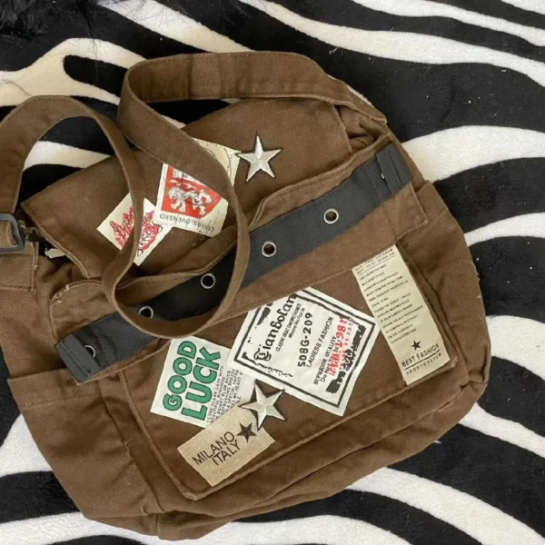 MBTI Vintage Y2k Messenger Bag for Women Canvas Star Patch Students School Crossbody Bags American Fashion Retro Female Handbags - Image 5