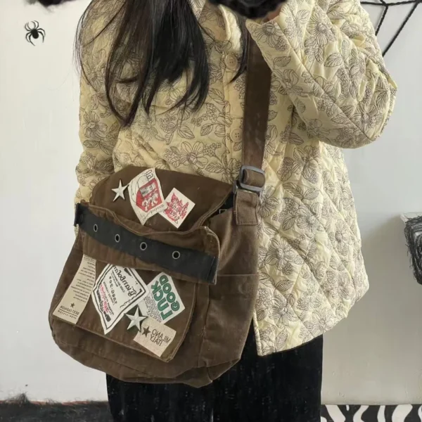 MBTI Vintage Y2k Messenger Bag for Women Canvas Star Patch Students School Crossbody Bags American Fashion Retro Female Handbags - Image 2