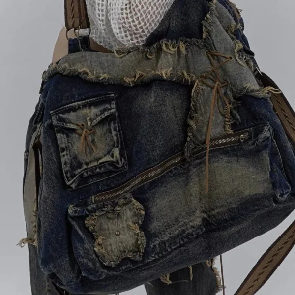 MBTI Denim Y2k Womens Shoulder Bag Vintage Washed Distressed Fashion Messenger Bag Men Large Capacity American Style Handbag Sac - Image 2