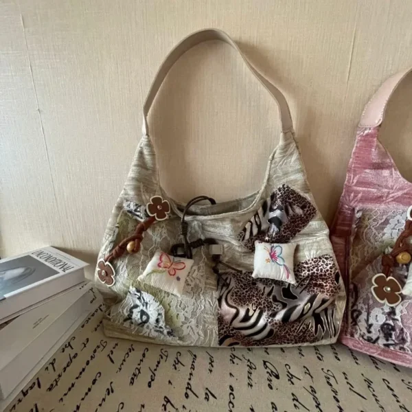 MBTI Y2k Vintage Tote Bag Aesthetic Patchwork Fashion Chinese Style Leopard Print Shoulder Bag Original Designer Ladies Handbag - Image 3