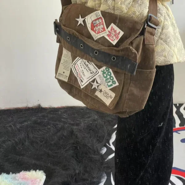 MBTI Vintage Y2k Messenger Bag for Women Canvas Star Patch Students School Crossbody Bags American Fashion Retro Female Handbags - Image 3