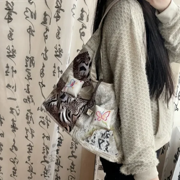 MBTI Y2k Vintage Tote Bag Aesthetic Patchwork Fashion Chinese Style Leopard Print Shoulder Bag Original Designer Ladies Handbag - Image 6