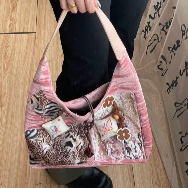 MBTI Y2k Vintage Tote Bag Aesthetic Patchwork Fashion Chinese Style Leopard Print Shoulder Bag Original Designer Ladies Handbag - Image 5
